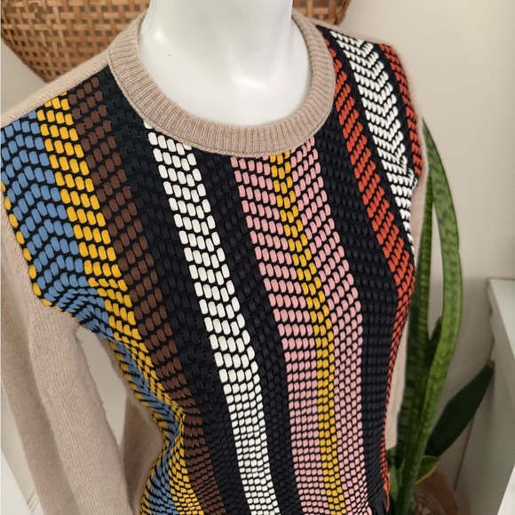 Tory Burch Womens XXS Beige Multicolor Chevron Fringe Knit Wool Cashmere Sweater - Picture 4 of 10